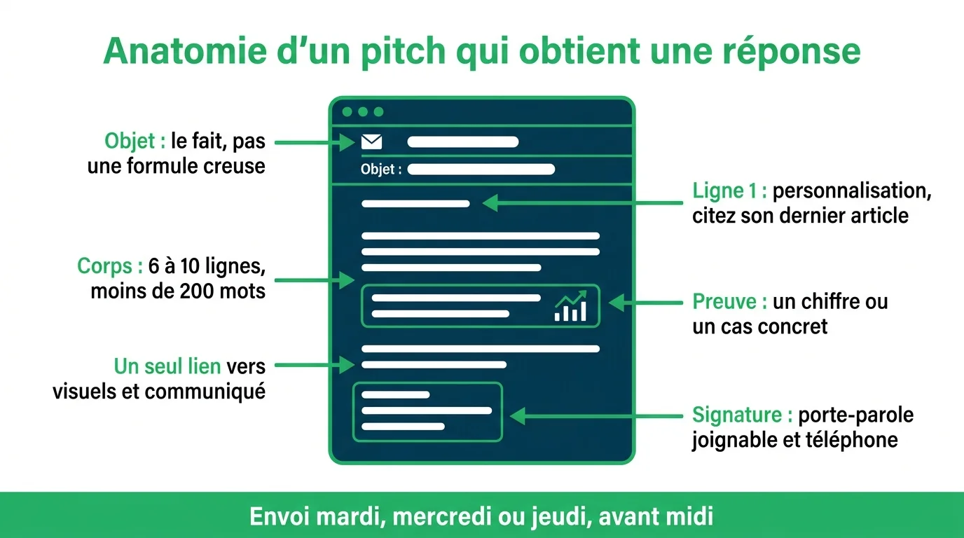 Anatomie d'un pitch presse : objet, accroche, preuve et lien unique