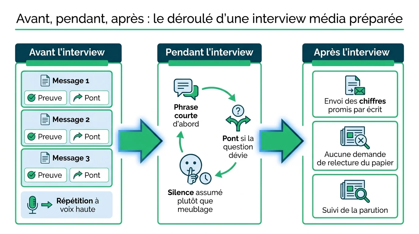 Avant, pendant, après : le déroulé d'une interview média préparée