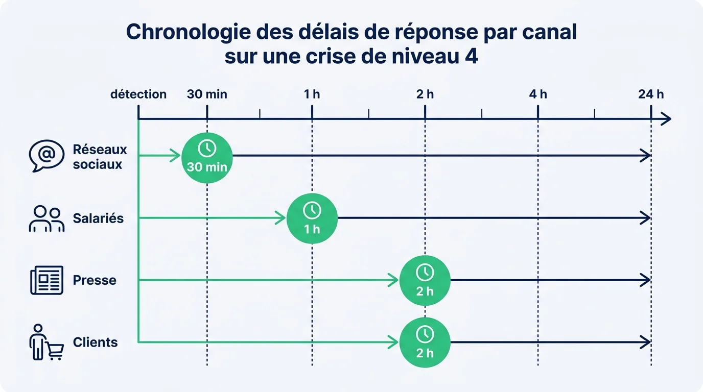 Chronologie des délais de réponse par canal sur une crise de niveau 4