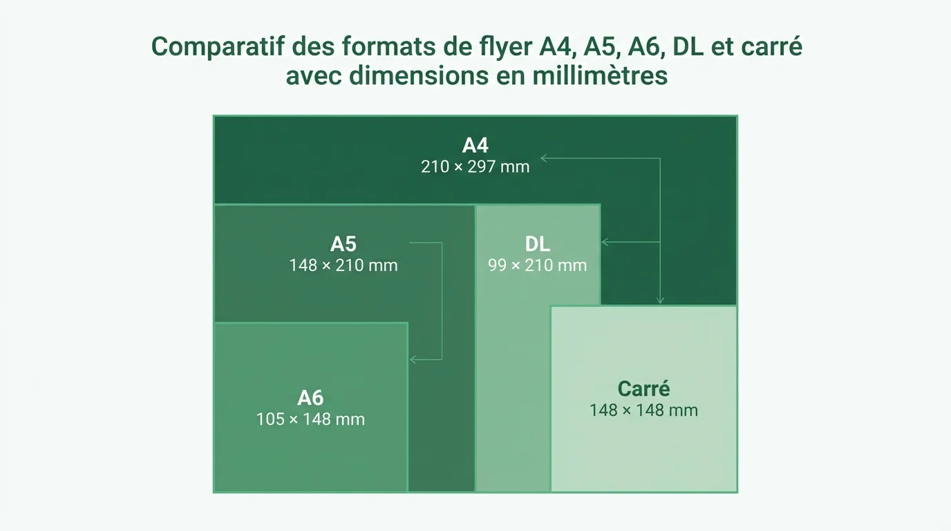 Comparatif des formats de flyer A4, A5, A6, DL et carré et leurs dimensions en millimètres