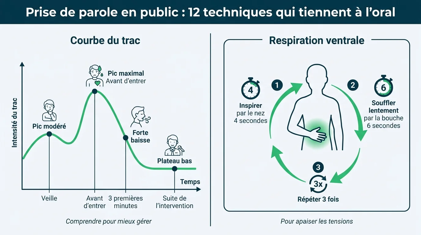 Courbe du trac avant et pendant une intervention, et cycle de respiration ventrale en 4-6 secondes