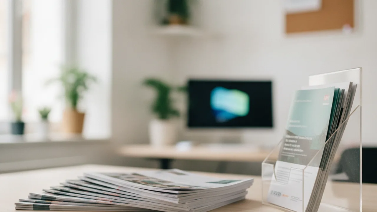 Flyers imprimés de différents formats disposés sur un bureau et dans un présentoir