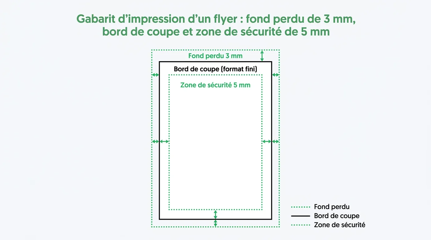 Gabarit d'impression d'un flyer : fond perdu de 3 mm, bord de coupe et zone de sécurité de 5 mm