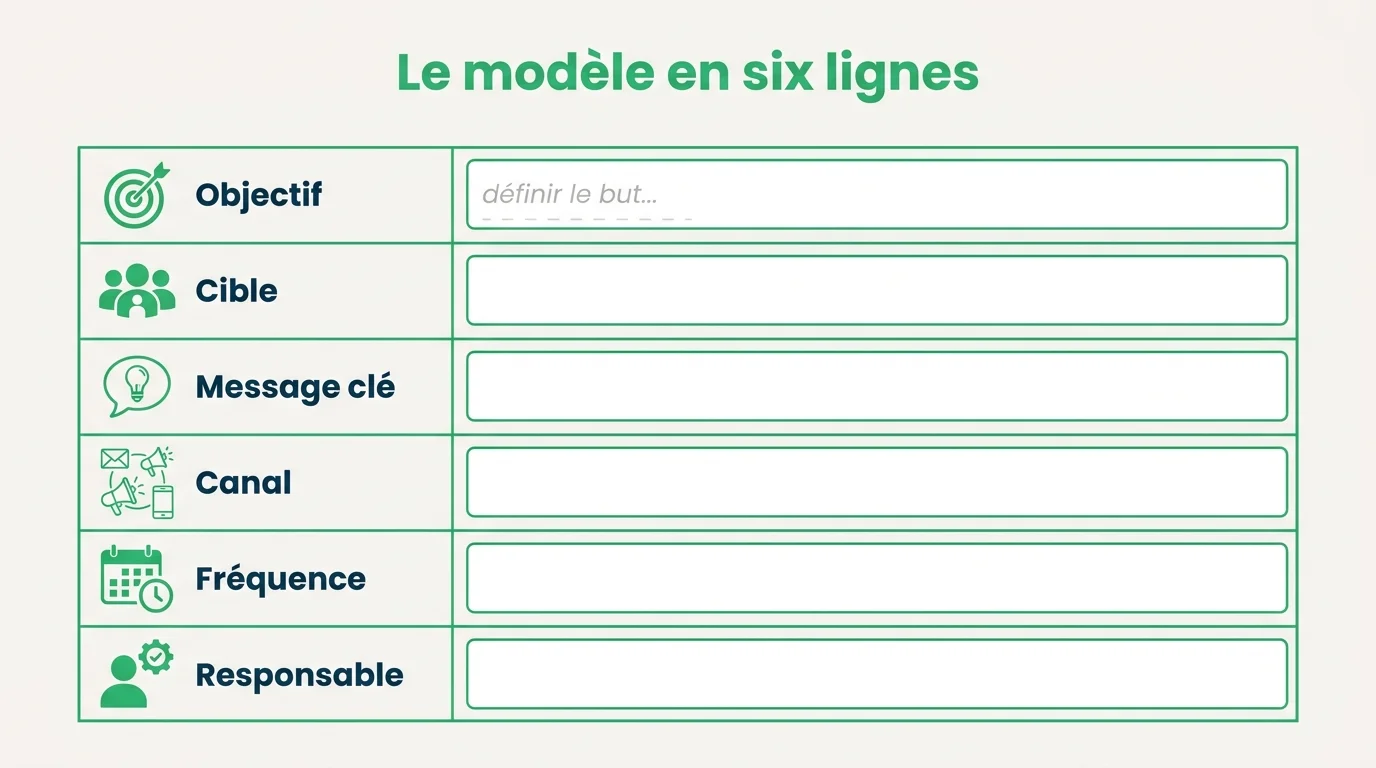 Le modèle de plan de communication interne en six lignes à remplir