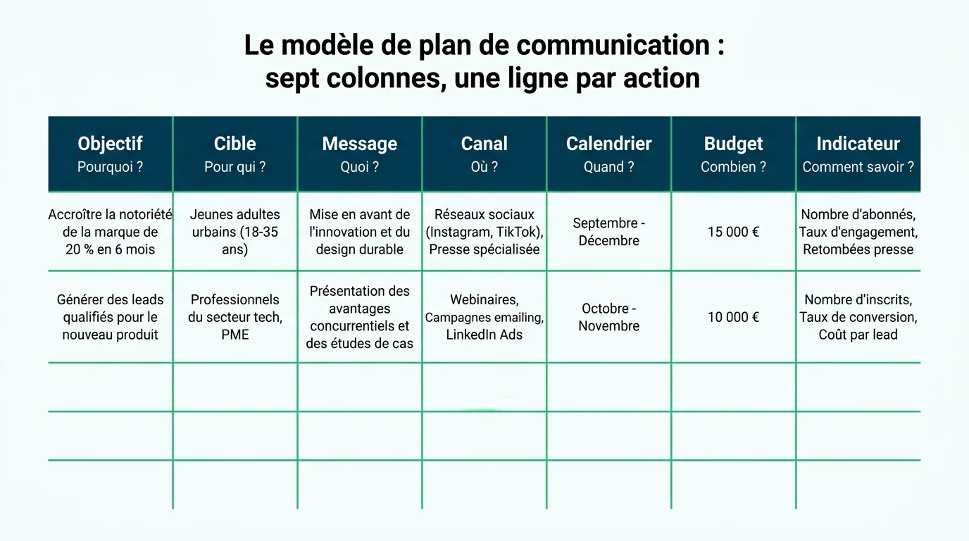 Le modèle de plan de communication : sept colonnes, une ligne par action