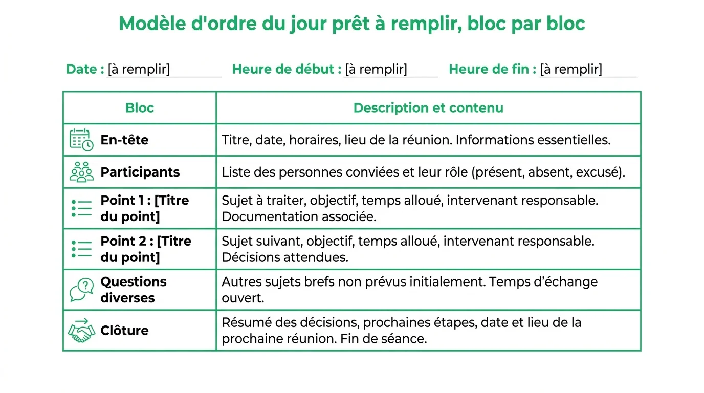 Le modèle d'ordre du jour prêt à remplir, bloc par bloc