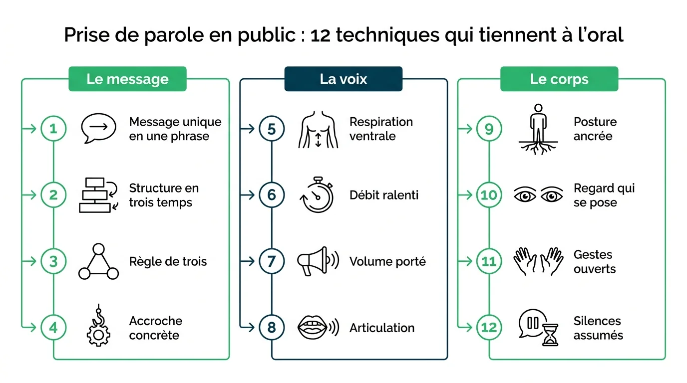 Les 12 techniques de prise de parole en public regroupées en trois familles : le message, la voix, le corps