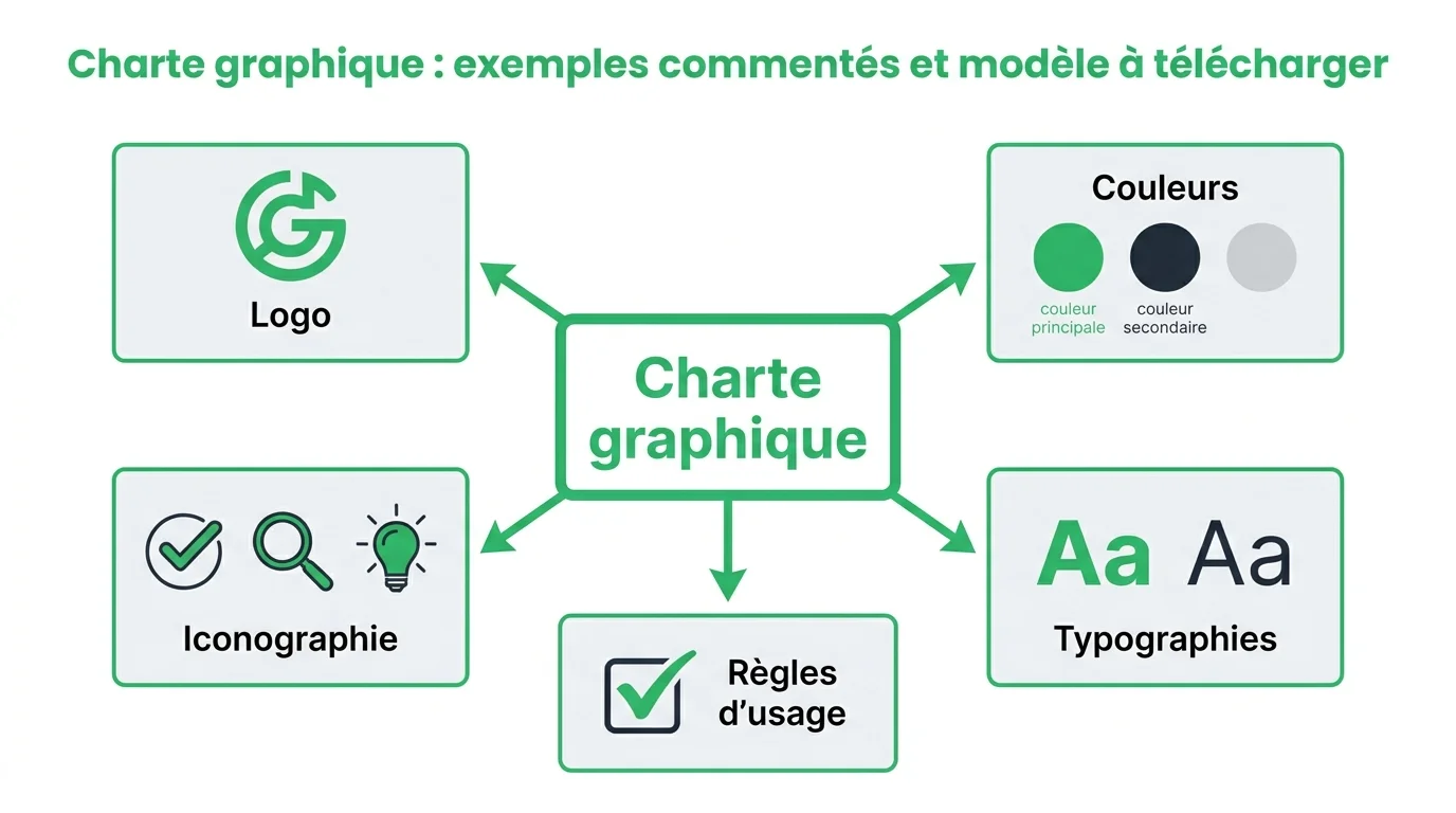 Les cinq éléments d'une charte graphique : logo, couleurs, typographies, iconographie et règles d'usage