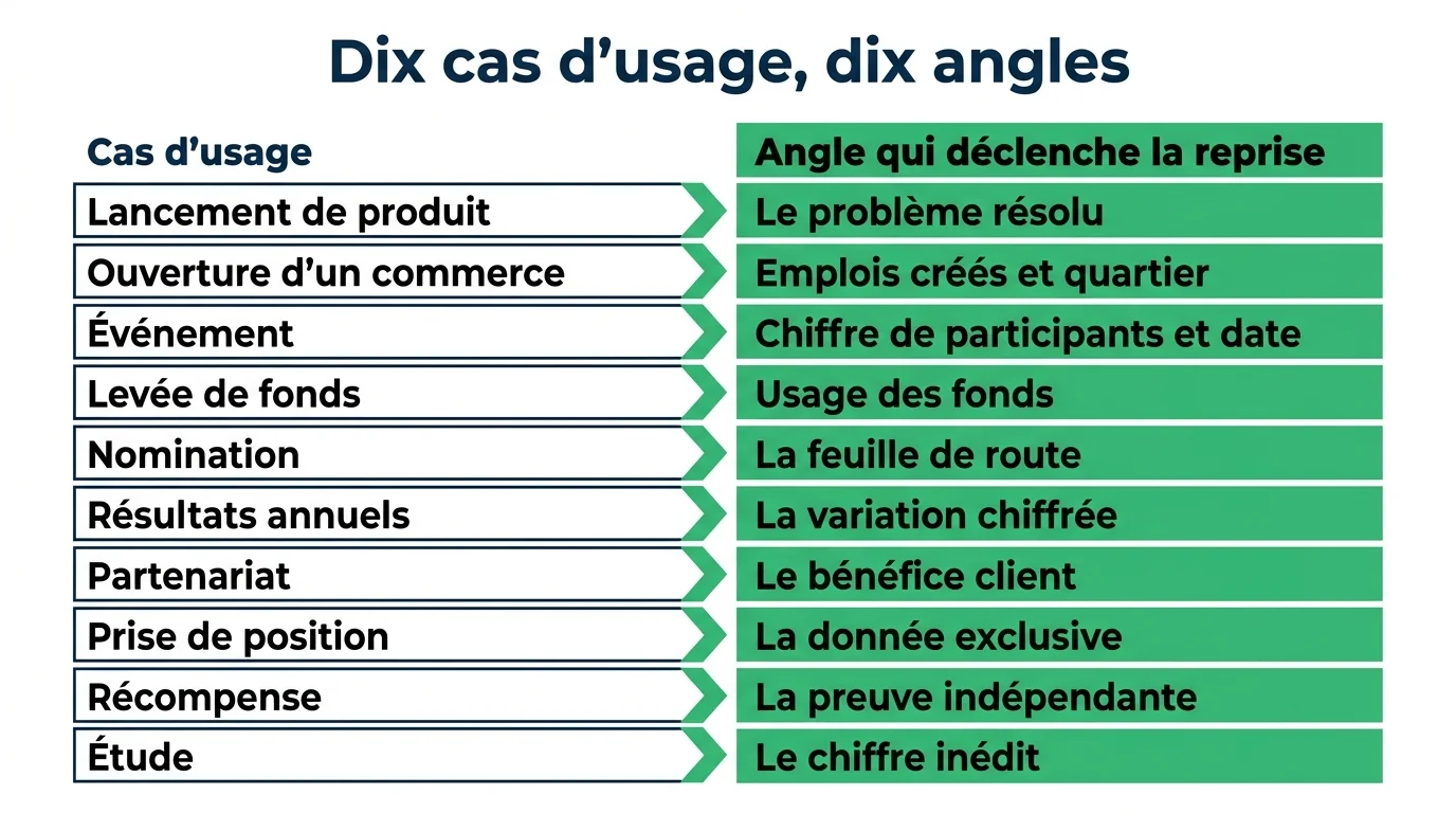 Les dix cas d'usage de communiqué de presse et l'angle à privilégier pour chacun