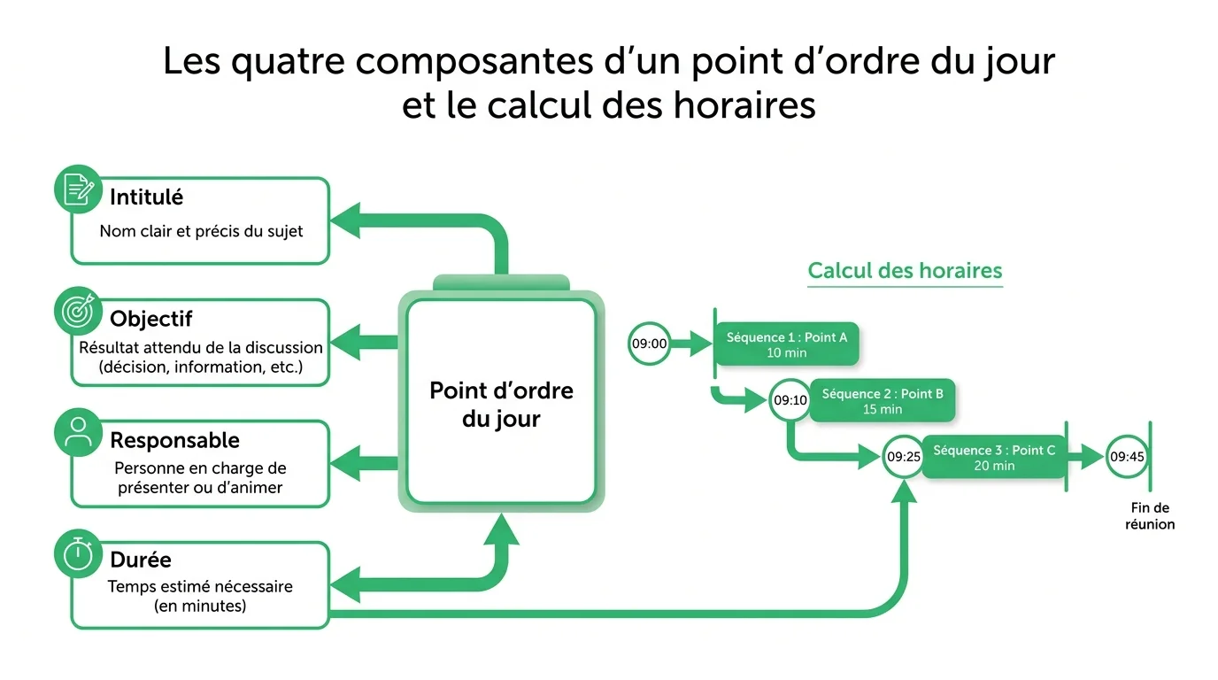 Les quatre composantes d'un point d'ordre du jour et le calcul des horaires
