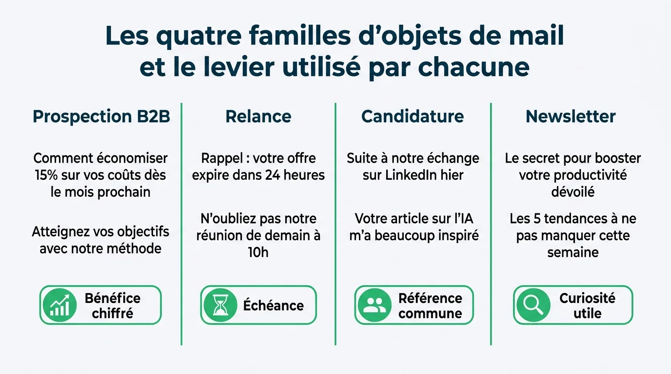 Les quatre familles d'objets de mail et le levier utilisé par chacune
