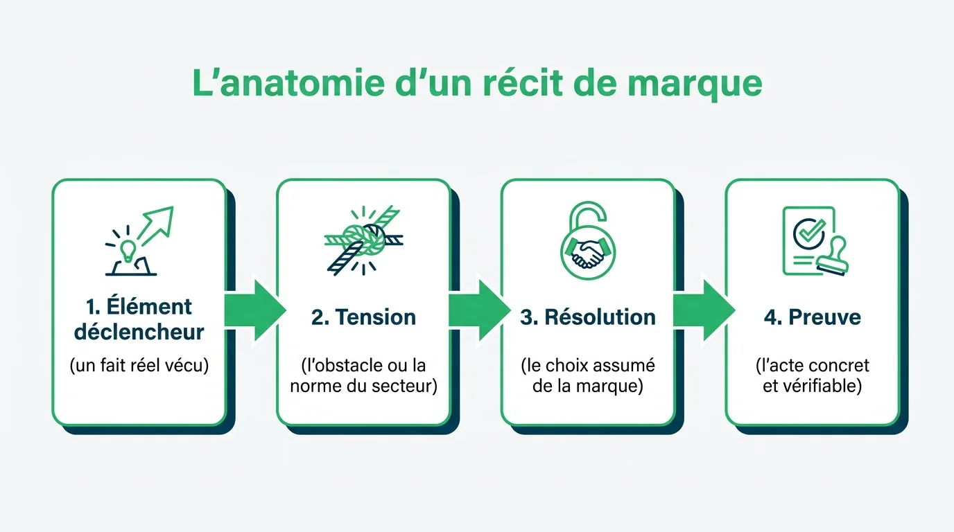Les quatre temps communs à tout récit de marque efficace : déclencheur, tension, résolution, preuve