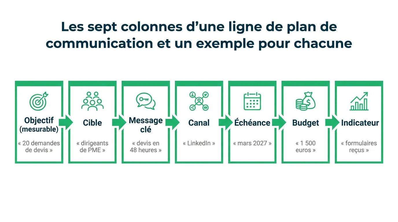 Les sept colonnes d'une ligne de plan de communication et un exemple pour chacune