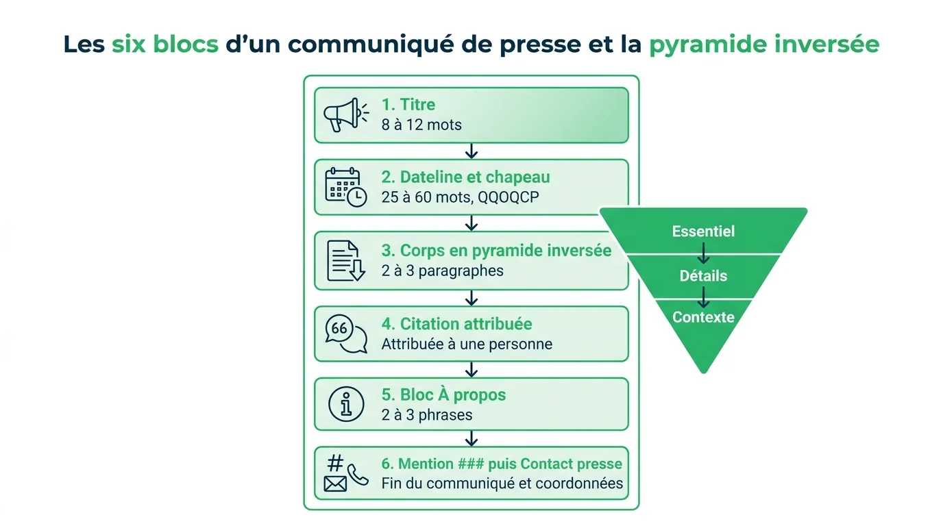 Les six blocs d'un communiqué de presse et la pyramide inversée